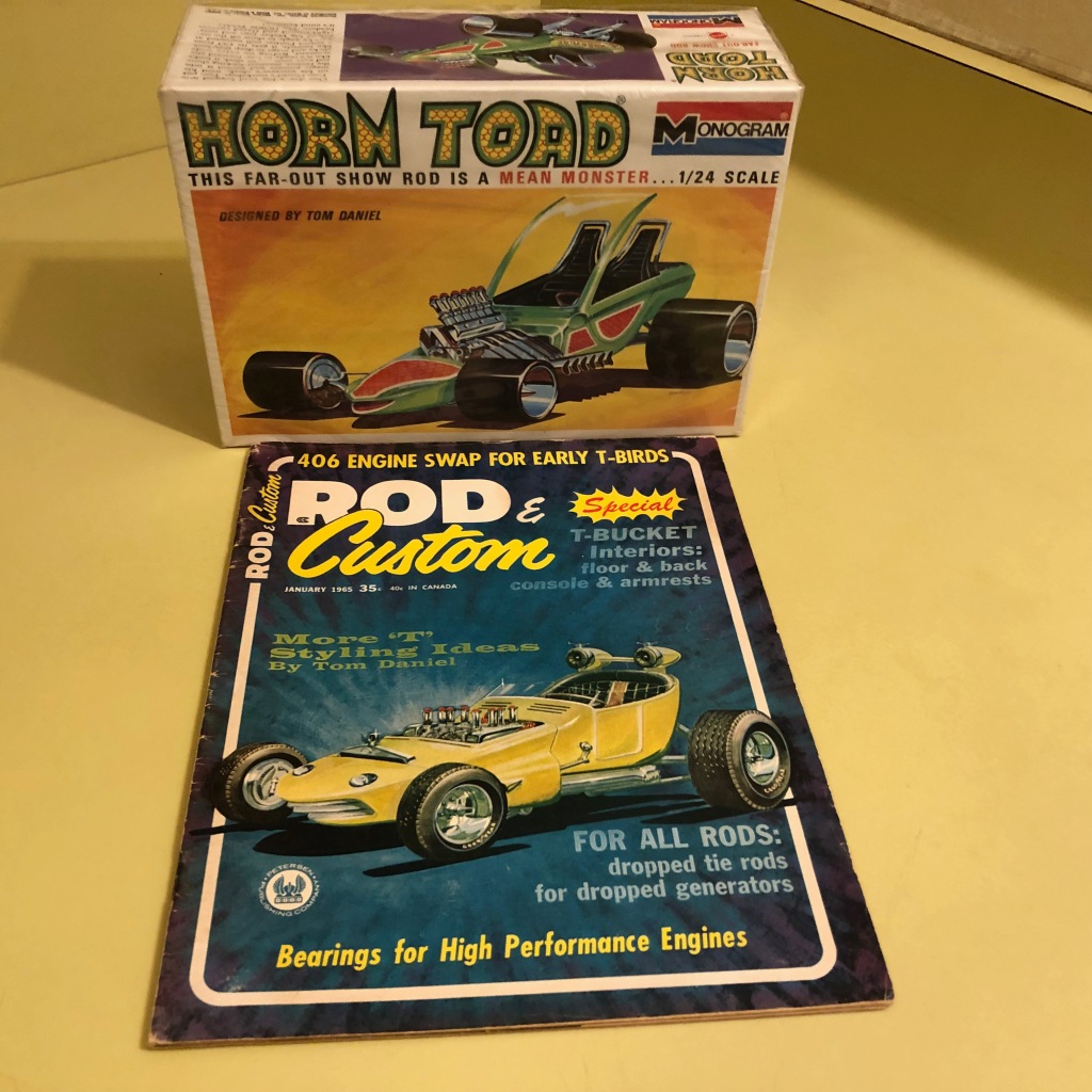 Two images showing a drawing of a show rod: the Monogram Models Horn Toad plastic model kit and Rod & Custom magazine January 1965 issue.