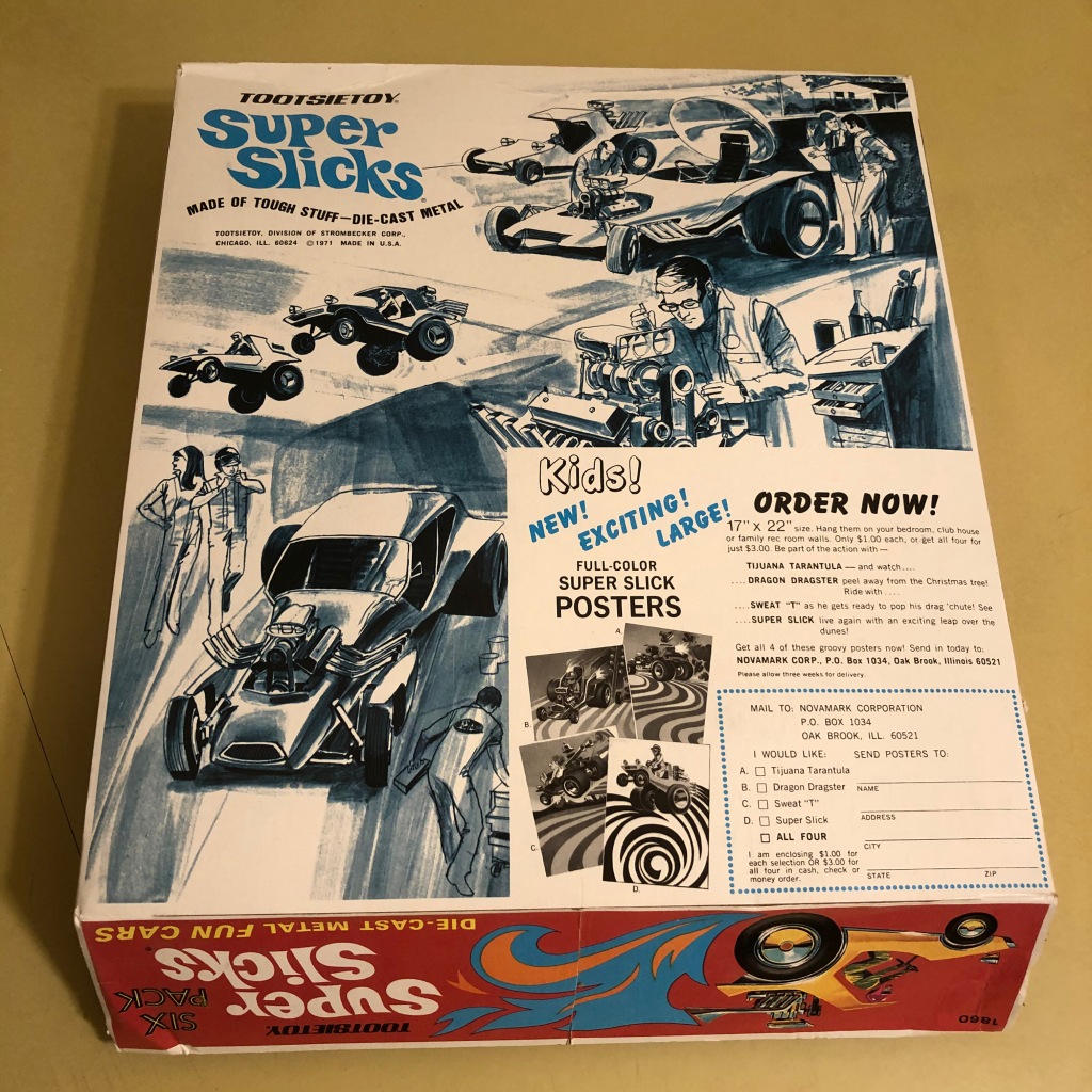 Tootsietoy Super Slicks Six Pack. The bottom of the box includes an order form offering four Super Slick posters.